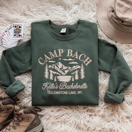 Discover Custom Embroidered Camp Bachelorette Party Sweatshirt, Mountain Bride Camp Shirt, Hiking Bridal Party Shirt, Lake Themed Bach Party Crewneck