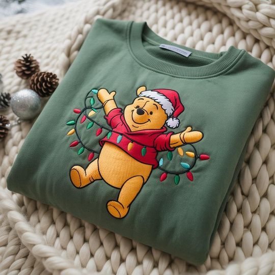 Discover EMBROIDERED Winnie The Pooh Christmas Shirt, Christmas Disney Pooh Bear Shirt, Disneyworld Trip Tee, Disney World Christmas Shirt