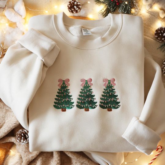 EMBROIDERED Coquette Bow Christmas Tree Shirt, Christmas Tree Bow Shirt, Family Christmas Tree Shirt, Christmas Coquette Shirt