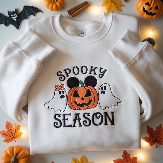 Discover Disney Spooky Season Sweatshirt, Embroidered Spooky Season Mickey Head Shirt, Mickey Pumpkin Halloween Shirt, Disney Halloween Tee