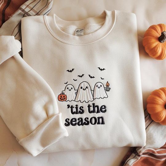 Discover EMBROIDERED Tis The Season Fall Shirt, Cute Ghost Halloween Shirt, Pumpkin Season Shirt, Fall Vibes Shirt, Thanksgiving Shirt, Autumn Shirt
