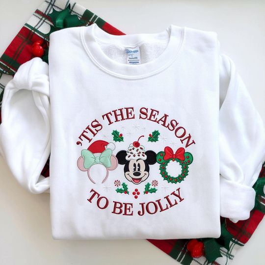Discover Disney Holiday Embroidered Sweatshirt, Disney Tis the Season Shirt, Mickey Christmas Crewneck, Disney Festive Shirt, Xmas Mickey Minnie Tee