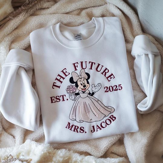 Discover Embroidered Disney Future Mrs Sweatshirt, Personalized Minnie Bride Crewneck, Engagement Gift, Custom Bridal Pullover