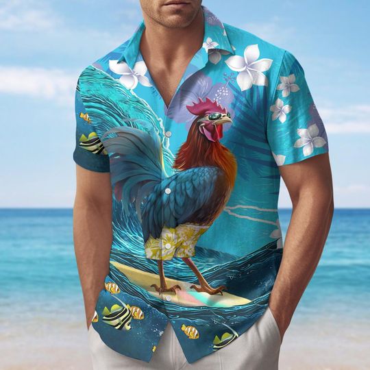 Discover Funny Surfing Rooster Button Shirt, Tropical Beach Hawaiian Shirt, Aloha Button Down, Chicken Summer Vacation Shirt, Gift For Him
