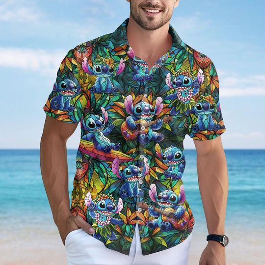 Discover Stained Glass Stitch Button Shirt, Colorful Cartoon Summer Shirt, Tropical Island Vacation Shirt, Cute Lilo Style Shirt, Gift For Him