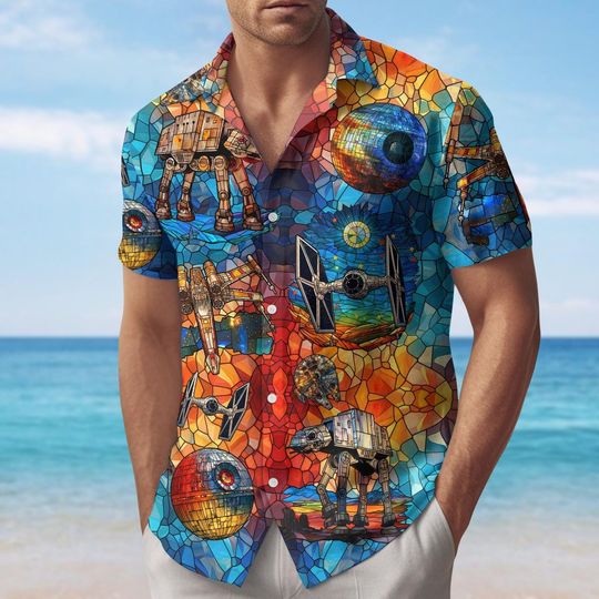 Discover Stained Glass Star Wars Button Shirt, At At Tie Fighter Death Star Hawaiian Shirt, Galaxy Vacation Trip Shirt, Disney Birthday Gift