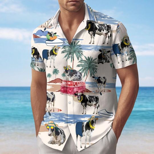Cute Cow Print Button Shirt, Farm Life Short Sleeve Shirt, Funny Moo Hawaiian Shirt, Animal Lovers Shirt, Gift For Men And Women