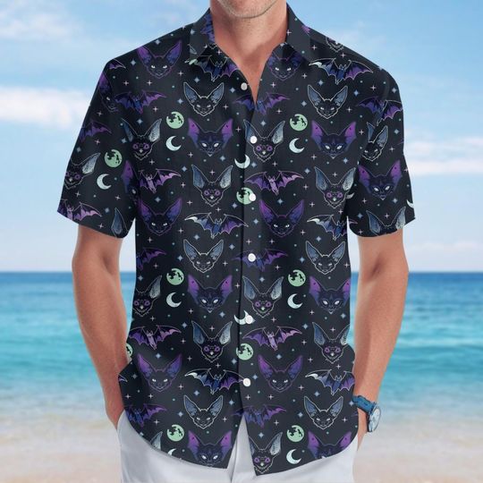 Discover Creepy Bat Button Shirt, Goth Hawaiian Shirt, Sun Moon Shirt, Dark Art Shirt For Men, Holiday Vacation Beach Shirt, Gift For Him