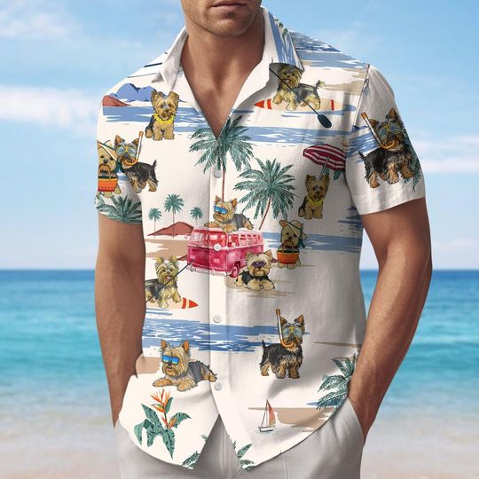 Discover Yorkie Dog Button Shirt, Cute Yorkshire Terrier Hawaiian Shirt, Funny Summer Shirt, Family Vacation Shirt, Gift For Pet Lovers