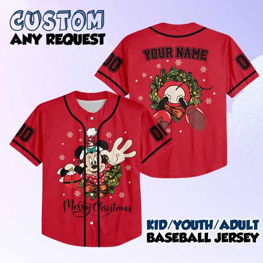 Discover Personalized Minnie Mouse Christmas Baseball Jersey, Minnie Mouse Jersey Team, Christmas Baseball Jersey, Disneyland Christmas Party