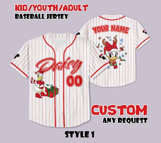 Discover Personalized Disney Daisy & Friends Christmas Baseball Jersey, Daisy's Very Merry Christmas Party 2025, Daisy and Friends Kids Adult