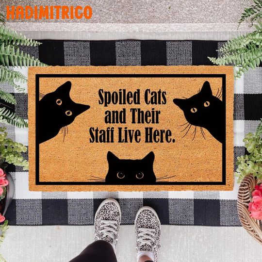 Discover Spoiled Cats and Their Staff Live Here, Funny Cat Doormat, Funny Door Mat, Welcome Mat, Cat Lover Gift, Housewarming Closing Gift, Cat Decor