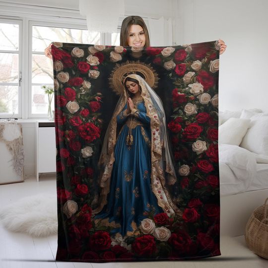 Discover Virgin Mary Blanket - Graceful Mother Mary Amid Pink Roses - Catholic Religious Decor and Inspirational Gift for Faithful Homes  AXIC18