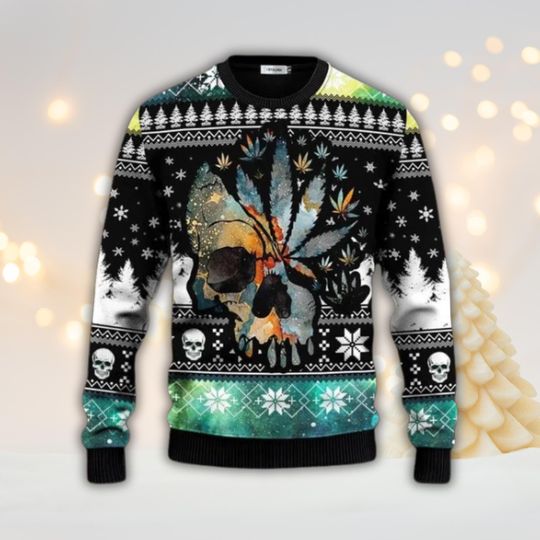 Discover Skull Cannabis Leaf Ugly Christmas Sweater, Gothic Trippy Holiday Knit Jumper, Green Galaxy Unisex Xmas Party Pullover