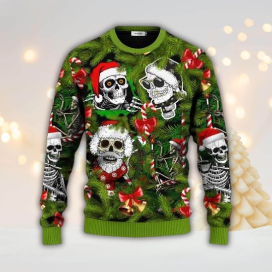 Discover Skull Christmas Ugly Sweater, Gothic Santa Holiday Knit Jumper, Green Pine Candy Cane Pattern, Funny Xmas Party Pullover