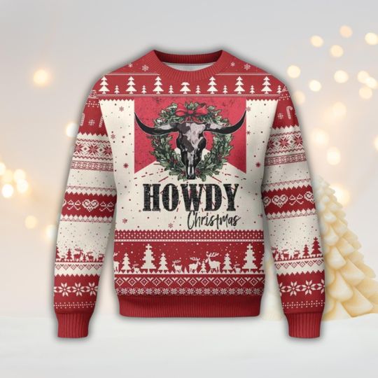 Howdy Christmas Western Ugly Christmas Sweater, Longhorn Skull Wreath Holiday Knit, Country Cowboy Funny Xmas Party Pullover Gift