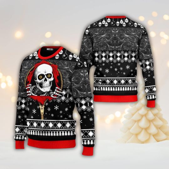 Discover Skull Ugly Christmas Sweater, Gothic Holiday Knit Jumper in Black Red, Spooky Winter Pullover, Funny Horror Xmas Gift for Men Women
