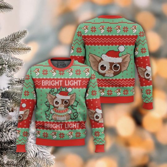 Discover Bright Light Mogwai Ugly Christmas Sweater, Gremlin Inspired Mint Red Holiday Knit Jumper, Cute Kawaii Funny Xmas Party Pullover Gift