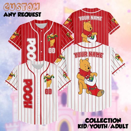 Discover Personalized Winnie The Pooh Christmas Baseball Jersey, Disney Holiday Baseball Jersey, Custom Family Disney Outfit, Festive Gift Tee