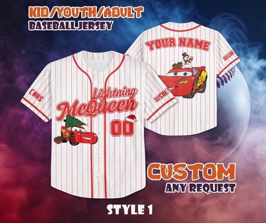 Discover CUSTOM Lightning McQueen Christmas Baseball, Pixar Cars Team Jersey, Personalized Lightning McQueen Disney Jersey, Christmas Gifts