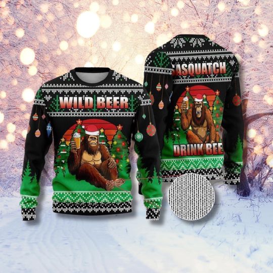 Discover Sasquatch Beer Ugly Christmas Sweater, Bigfoot Drinking Funny Holiday Knit