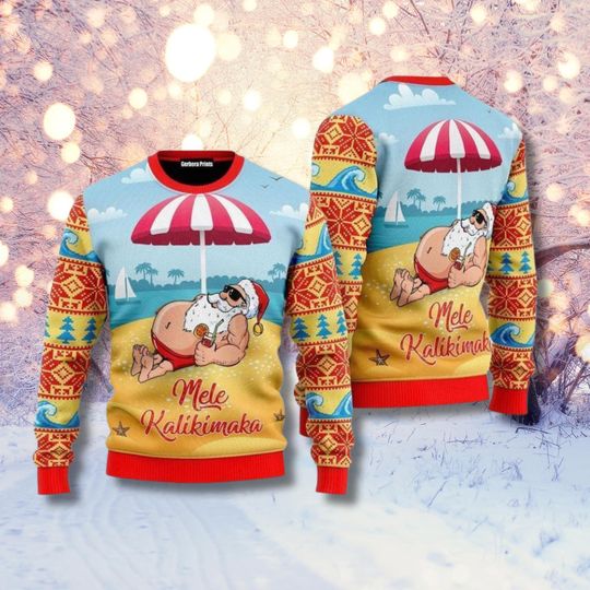 Mele Kalikimaka Santa Beach Ugly Christmas Sweater, Hawaiian Holiday Knit