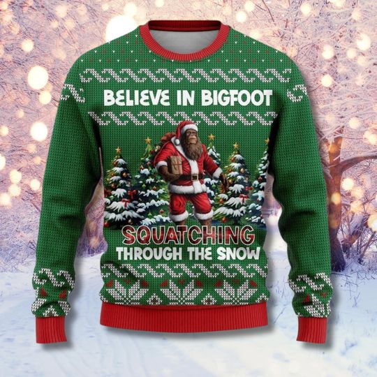 Discover Bigfoot Santa Ugly Christmas Sweater, Squatching Through The Snow Green Sweater