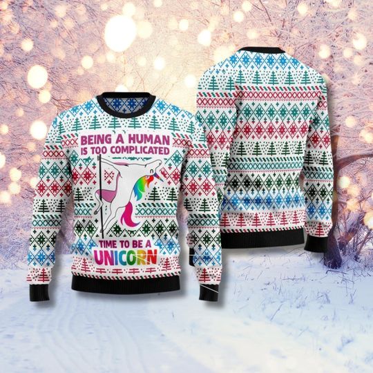 Discover Unicorn Ugly Christmas Sweater, Being Human Is Complicated Rainbow Funny Holiday Sweater