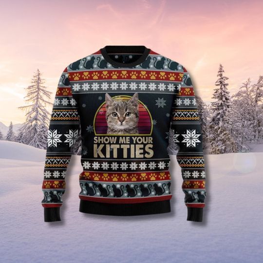 Funny Cat Christmas Ugly Sweater, "Show Me Your Kitties" Vintage Sweater