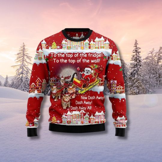 Discover Funny Cat Christmas Ugly Sweater, Reindeer Sleigh Pullover
