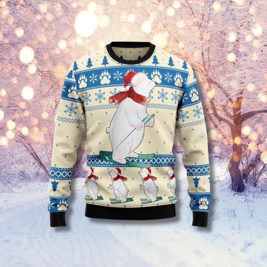 Discover Polar Bear Skiing Ugly Christmas Sweater, Blue Snowflake Winter Knit Gift