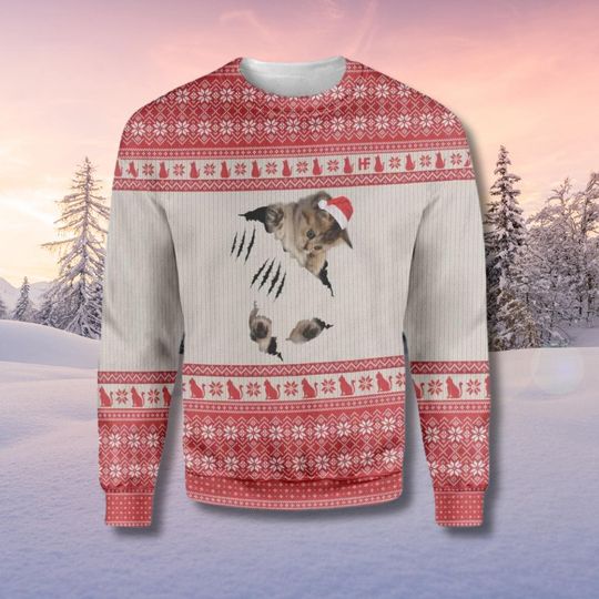 Discover Funny Cat Christmas Ugly Sweater, Ripped Kitten Santa Hat Pullover
