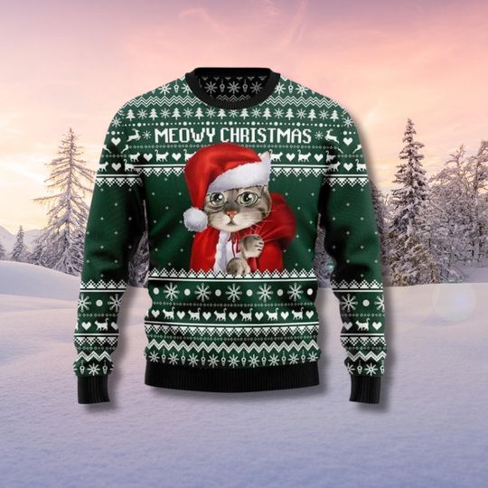 Discover Meowy Christmas Cat Ugly Sweater, Funny Ugly Xmas Knit Pullover