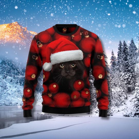 Black Cat Christmas Ugly Sweater, Santa Hat Ornaments, Ugly Xmas Jumper Gift