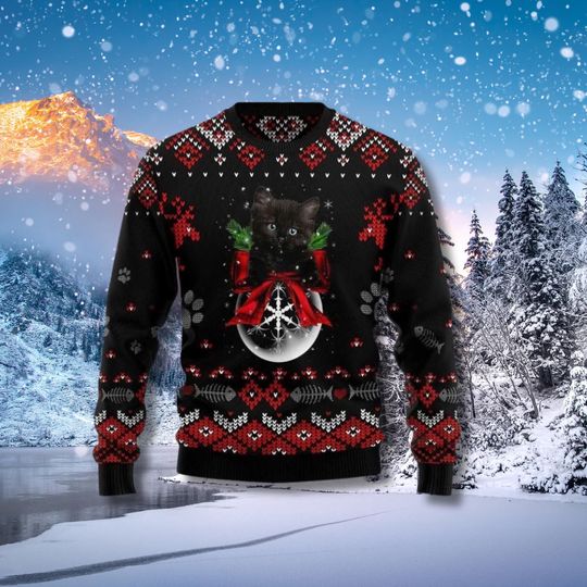 Black Cat Christmas Ornament Ugly Sweater, Ugly Holiday Jumper