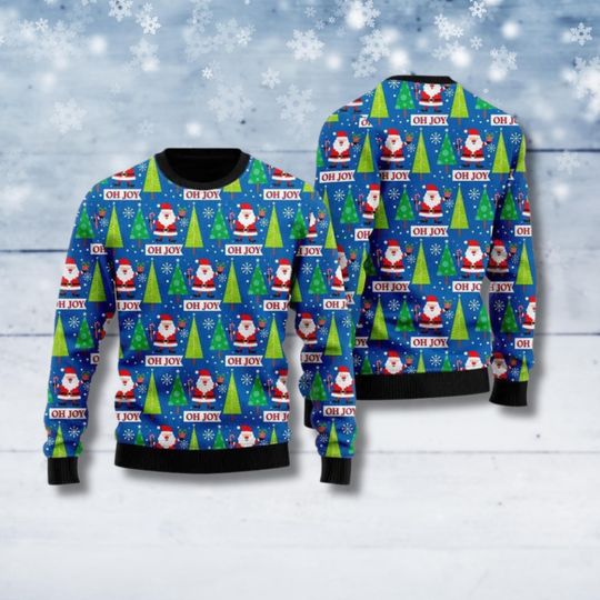 Discover Oh Joy Santa Christmas Ugly Sweater, Funny Blue Holiday Sweatshirt With Trees And Snowflakes Festive, Gift For Xmas Party Fun