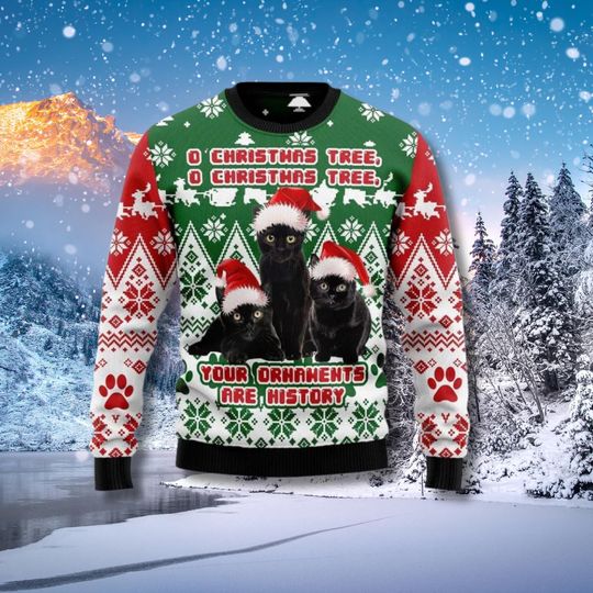 Discover Black Cat Christmas Ugly Sweater, Ornaments Are History, Ugly Xmas Jumper Gift