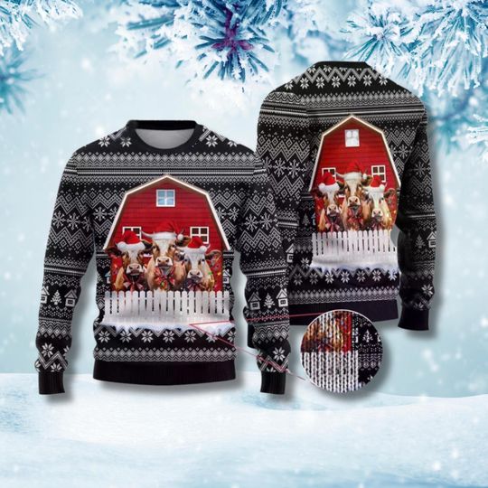 Discover Funny Christmas Cow Ugly Sweater, Barn Animal Holiday Jumper