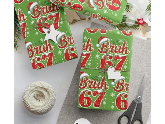 Discover Bruh 67 Christmas Wrapping Paper: 6 7 Meme Holiday Wrapping Roll Gift, Six Seven Xmas Wrap For Teens, tweens, Gen Alpha kids