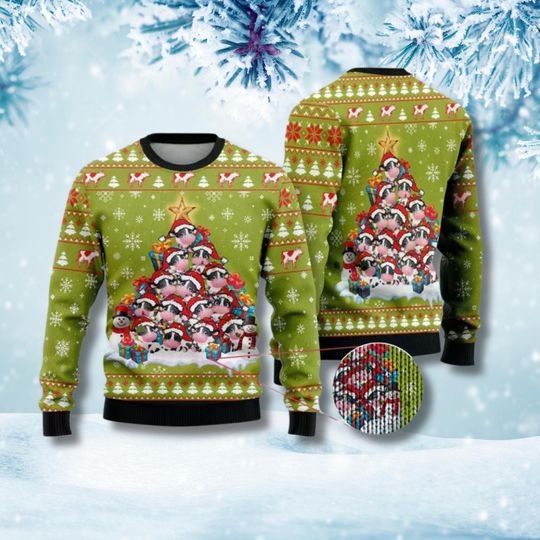 Discover Funny Christmas Cow Tree Ugly Sweater, Green Holiday Jumper