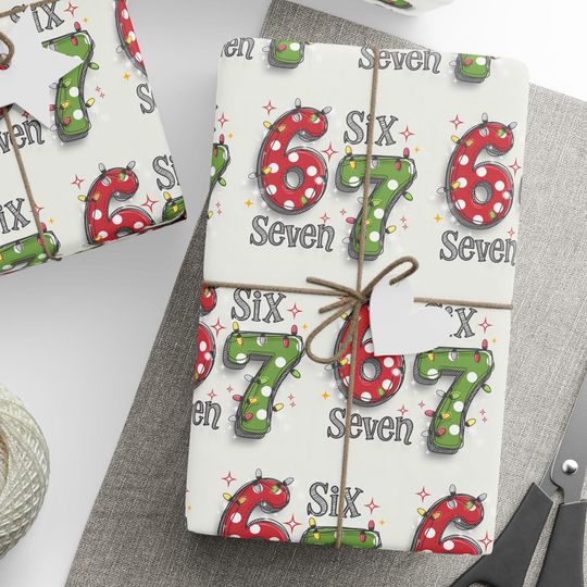 Discover 67 Christmas Wrapping Paper, Six Seven Number Gift Wrap, Retro Holiday Lights Wrapping Sheet, Fun Christmas Gift Wrap Roll