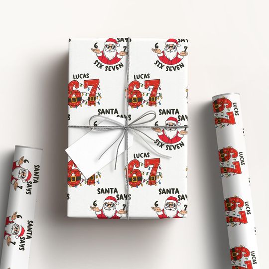 Discover Funny 6 7 Wrapping Paper, Santa Says 6 7 Christmas Wrap Roll, 67 Meme Funny Christmas Gift Wrap for Kids, Teens, Tweens