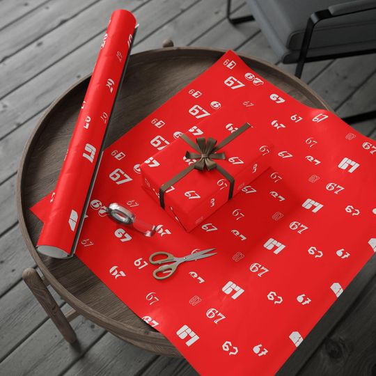 Discover 67 Six Seven White Numbers on Red Wrapping Paper for Holidays or Christmas, Seasonal Colorful Gift Wrap