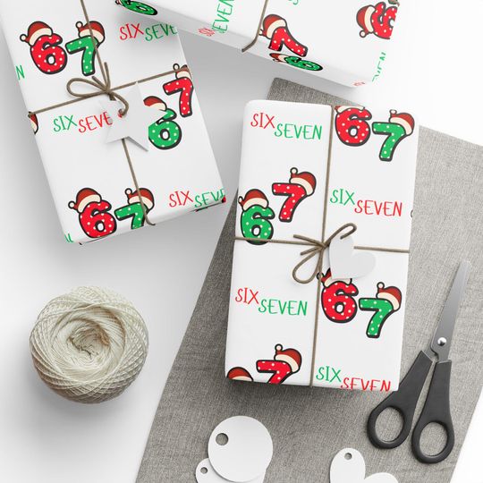 Discover Funny 67 Meme Christmas Wrapping Paper | Six Seven Holiday Gift Wrap | Trendy Meme Paper for Friendsmas, Gag Gifts, or White Elephant