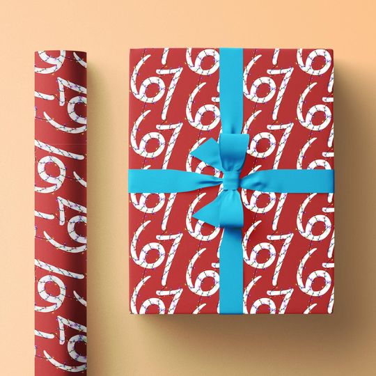 Discover 67 Meme Christmas Wrapping Paper Roll, Funny Gift Wrap for Holidays with Red Background and Christmas Light Illustrations, Goofy 6-7 Paper