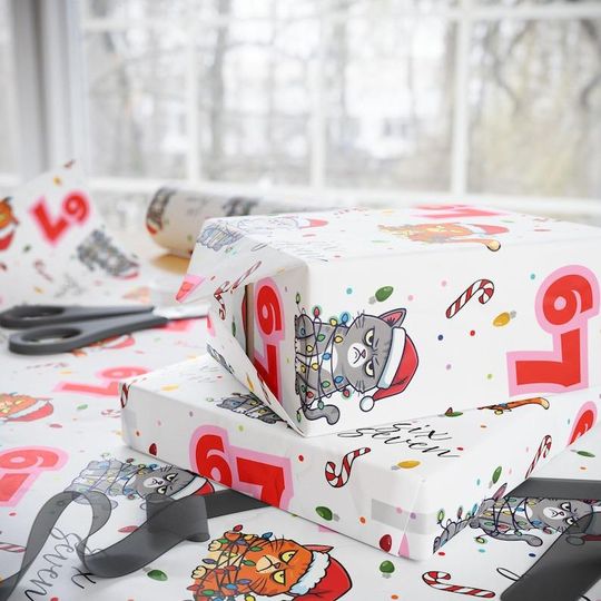 Discover Funny Cat 67 Wrapping Paper, Six Seven Christmas Gift Wrap, Cute Grumpy Cat Holiday Packaging 2025