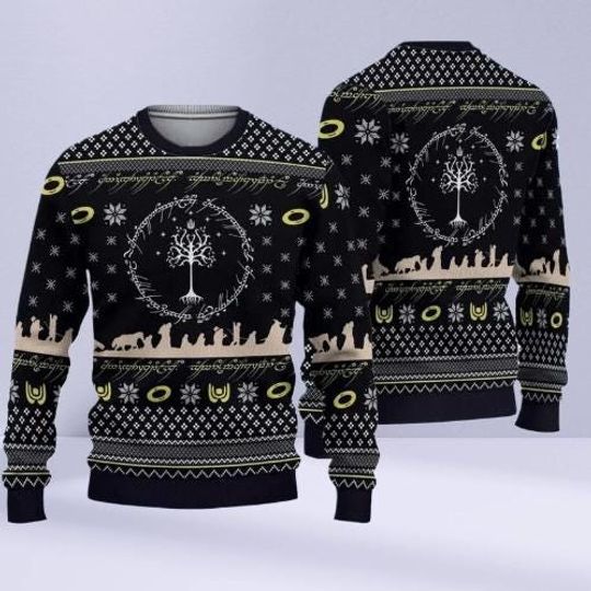 Discover Gondor Tree Christmas Sweater  LOTR Inspired Ugly Holiday Jumper, Fellowship Knit Pullover, Gift for Tolkien Fans.