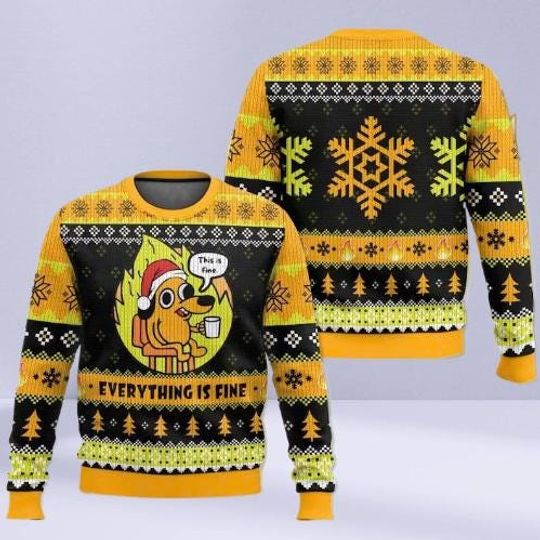 Discover Funny This Is Fine Ugly Christmas Sweater  Dog Meme Holiday Pullover, Everything Is Fine Xmas Gift