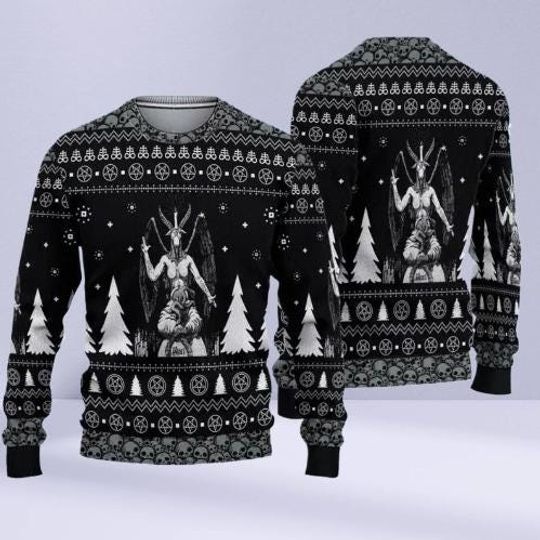 Gothic Baphomet Ugly Christmas Sweater, Dark Occult Holiday Knit Pullover with Pentagrams & Skulls, Unisex Winter Party Gift