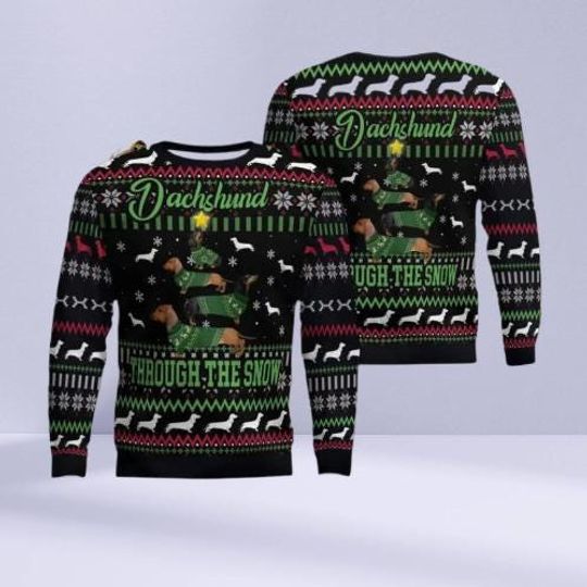 Dachshund Through The Snow Ugly Christmas Sweater, Cute Dog Lover Holiday Sweatshirt, Funny Pet Xmas Jumper, Festive Gift for Men & Women